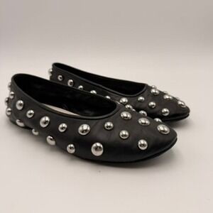 Zara Studded Ballet Flats Women 38 Black Excellent Silver Stud Ballerina Edgy